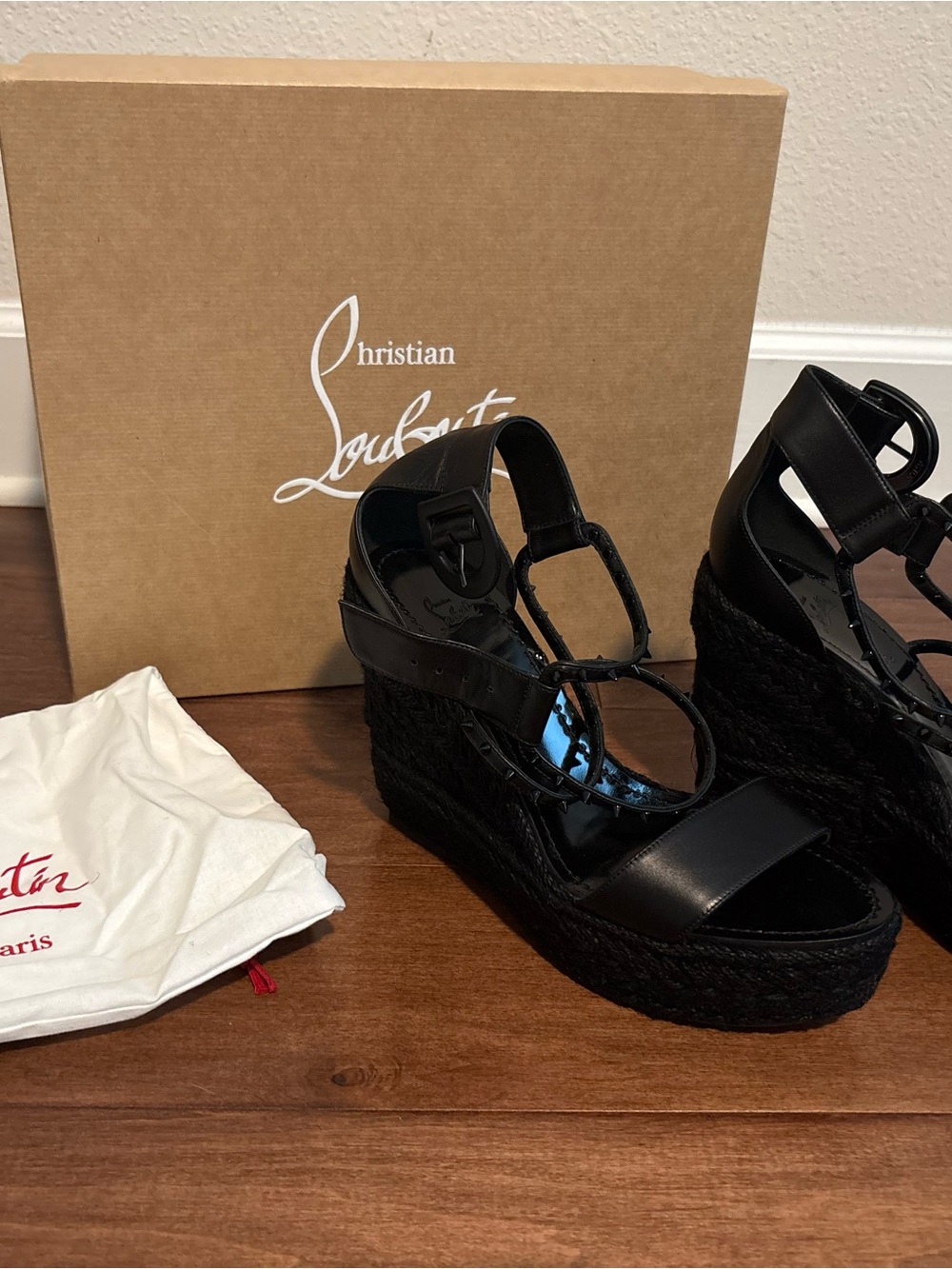 Christian Louboutin Black Leather Wedge Sandals with Ankle Straps